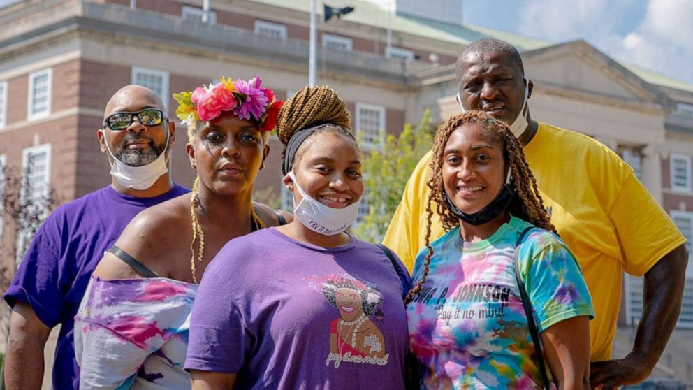 PHOTO: Family members of activist Marsha P. Johnson stand at the site of a new monument to be built in Johnson's honor in Elizabeth, N.J., in a photo released by Union County.