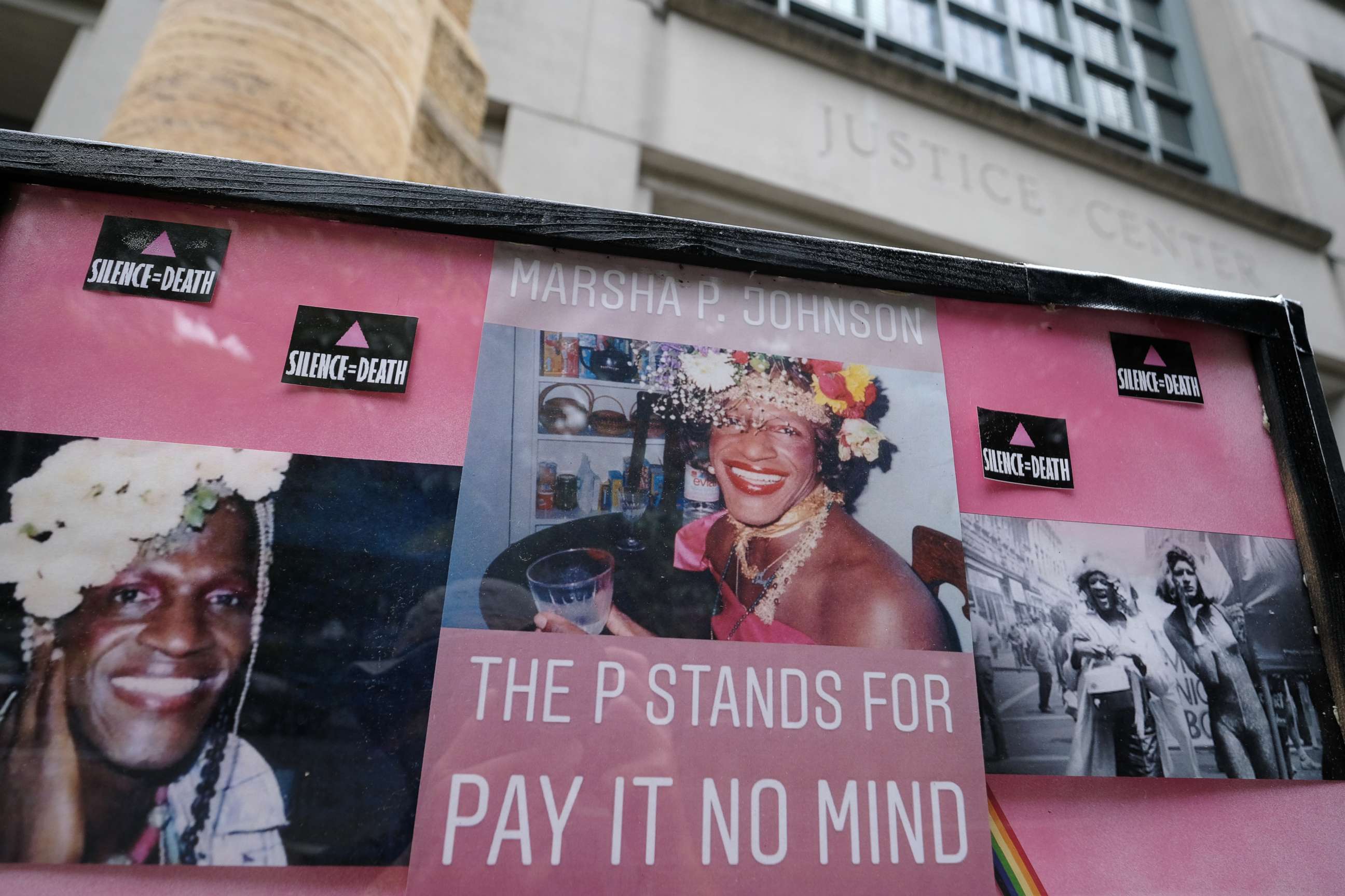 PHOTO: An art installation outside of the Justice Center provides information on Marsha P. Johnson in Portland, Ore., on June 21, 2019.