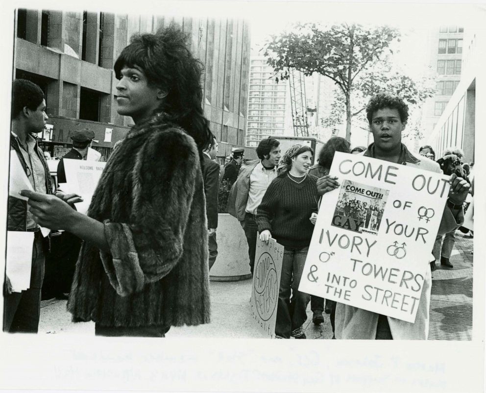 PHOTO: A 1970 photo of Marsha P. Johnson handing out flyers in support of Gay Students at NYU is seen here courtesy of the New York Public Library's "1969: The Year of Gay Liberation" exhibit.