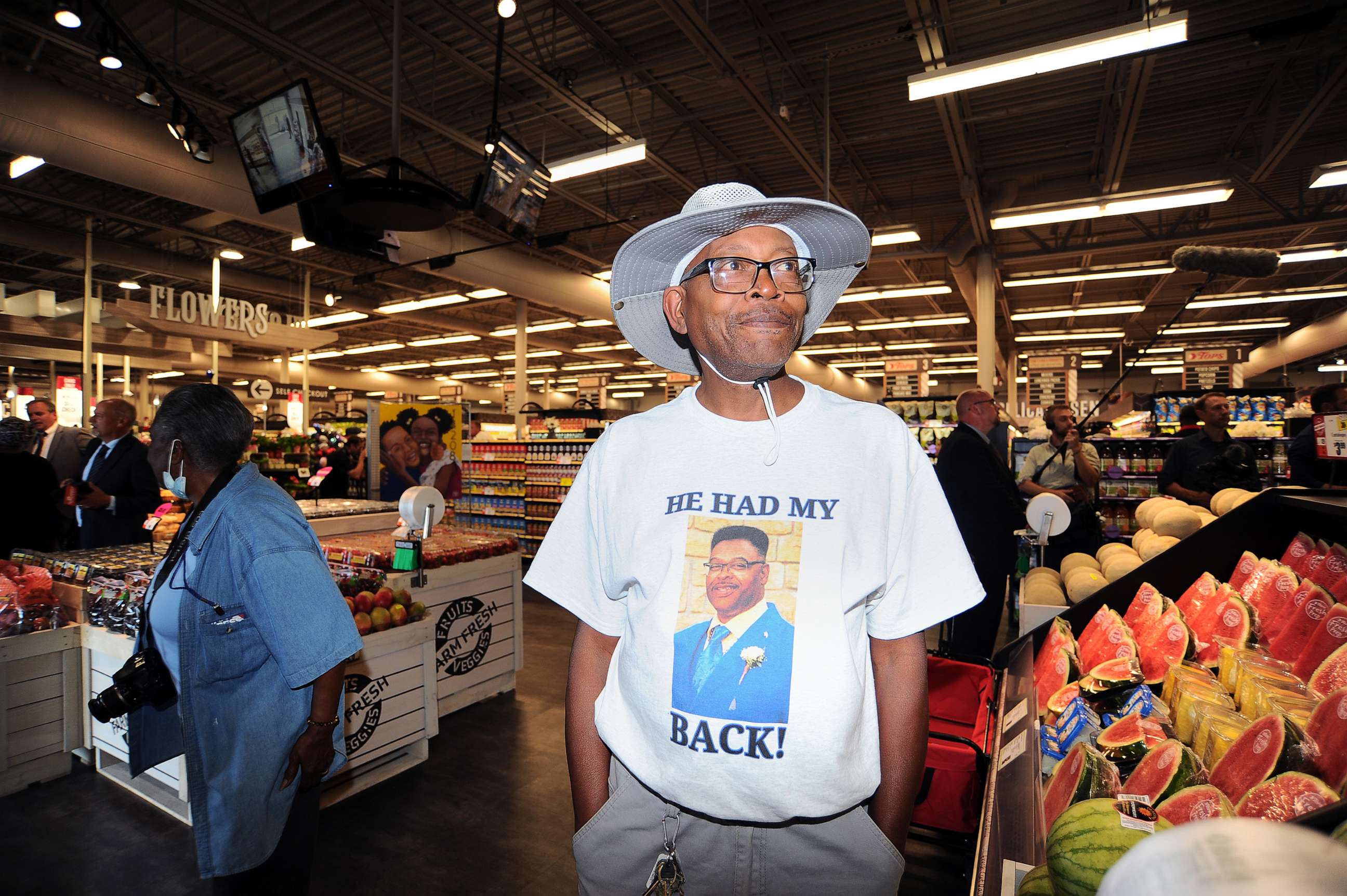 PHOTO: Anthony Marshall remembers Aaron Salter Jr., a retired Buffalo policeman and security guard at Tops Friendly Market on Jefferson Avenue, July 14, 2022, in Buffalo, N.Y.