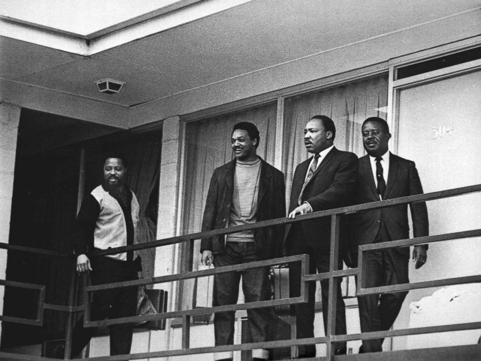 PHOTO: In this April 3, 1968 file photo, the Rev. Martin Luther King Jr. stands with other civil rights leaders on the balcony of the Lorraine Motel in Memphis, Tenn., a day before he was assassinated at approximately the same place.
