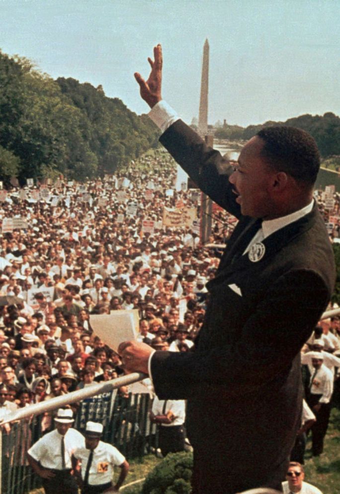 PHOTO: FILE - The Rev. Martin Luther King, Jr. acknowledges the crowd outside the Lincoln Memorial for his "I Have a Dream" speech during the March on Washington, Aug. 28, 1963.