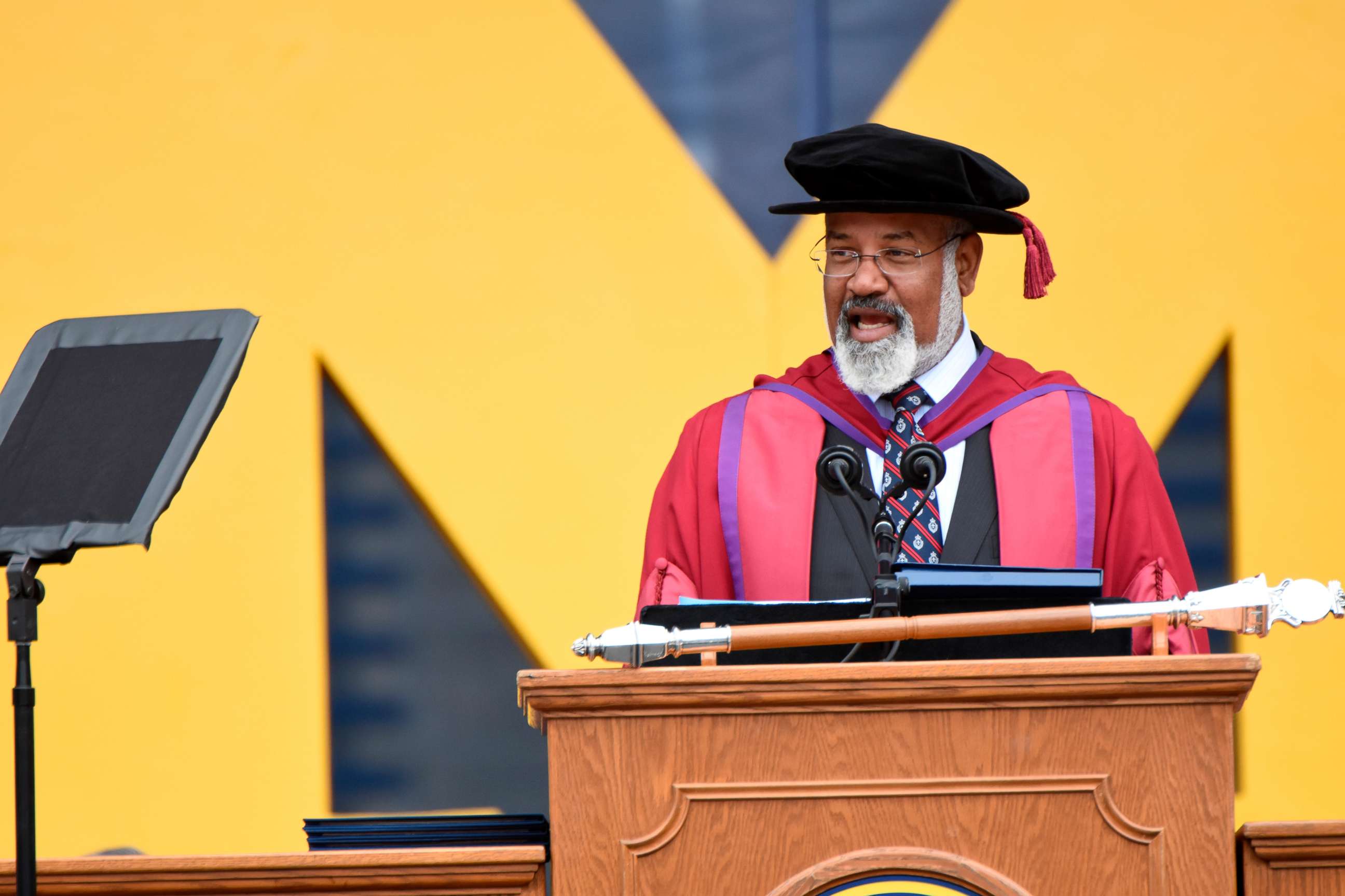 PHOTO: University of Michigan Provost Martin Philbert speaks during commencement exercises in Ann Arbor, Mich., May 4, 2019.