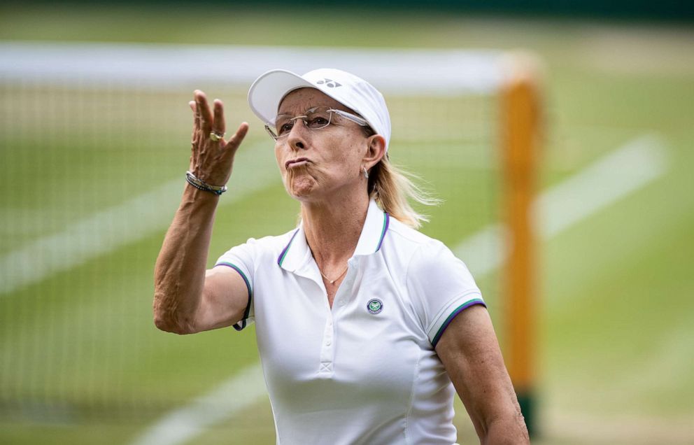 PHOTO: Martina Navratilova competes in a Ladies Invitational Doubles match at Wimbledon, July 10, 2019, in London.