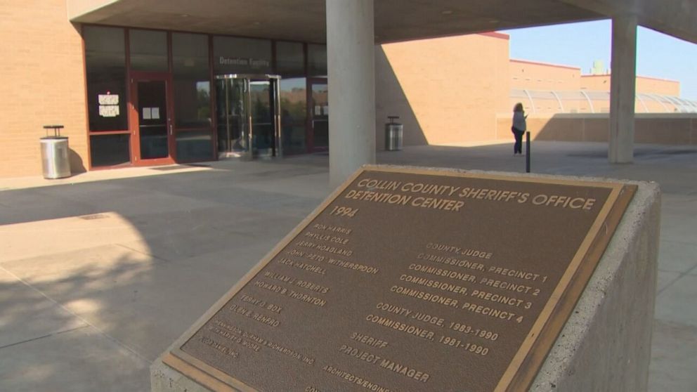 PHOTO: In this screen grab taken from video, a sign for the Collin County Sheriff's Office Detention Facility is shown in McKinney, Texas.