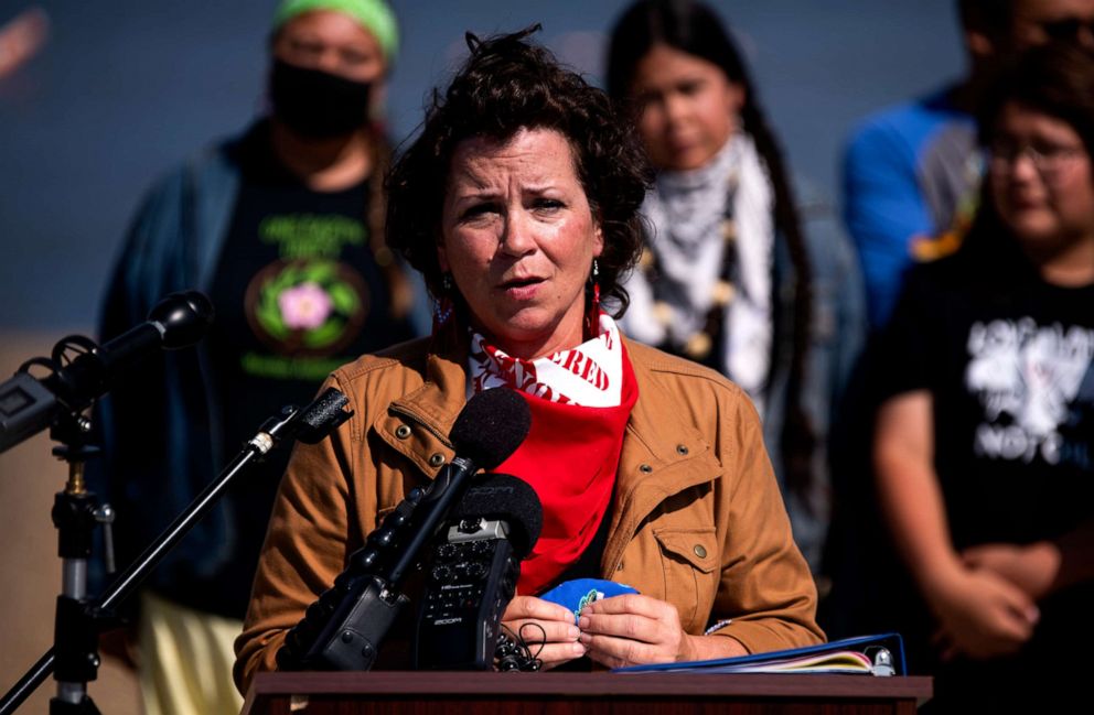 PHOTO: BEMIDJI, MN - SEPTEMBER 04: State Sen. Mary Kunesh (D-MN) speaks at a press conference to address the Line 3 Pipeline project at Nymore Beach on September 4, 2021 in Bemidji, Minnesota. 