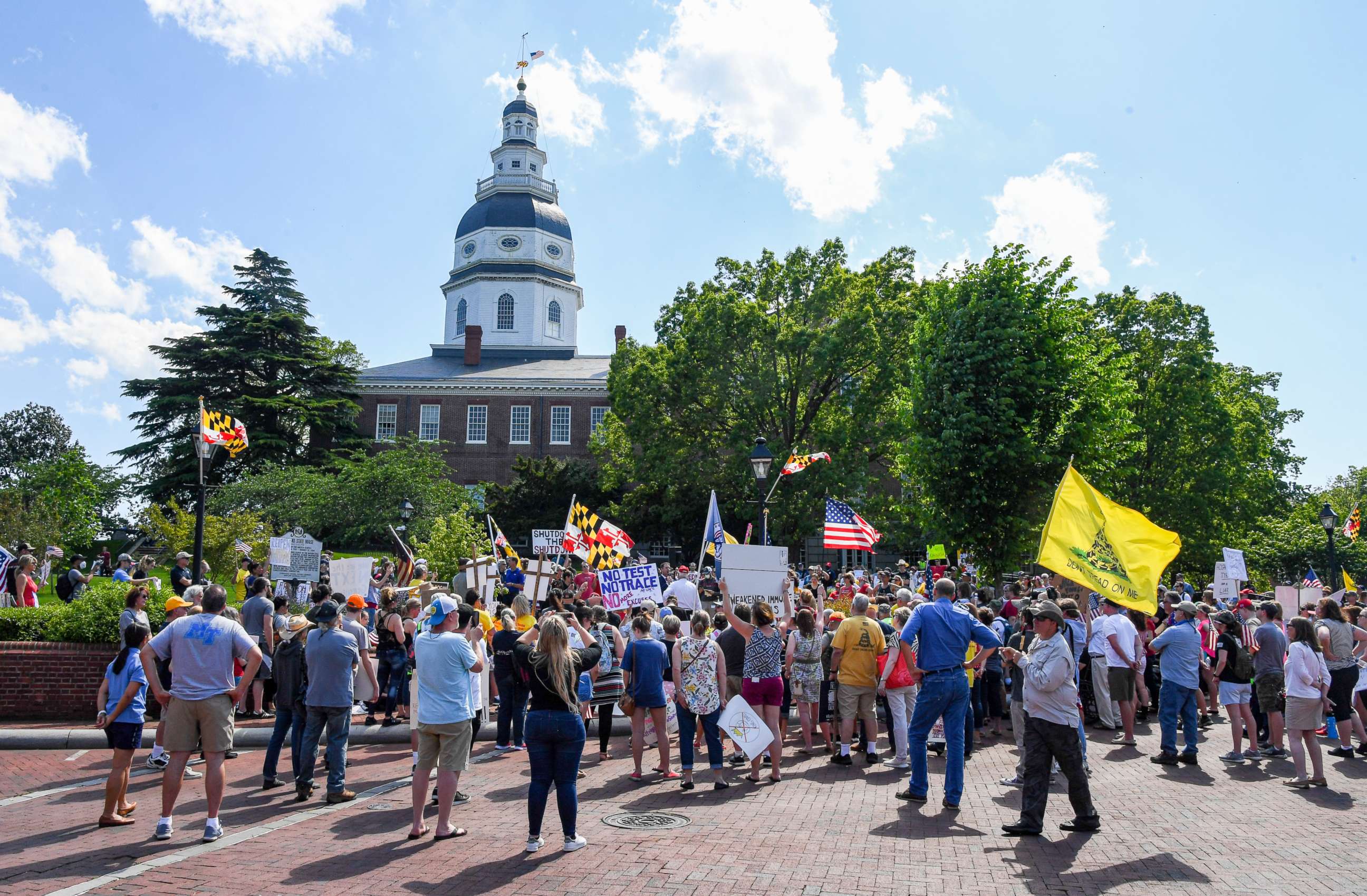 PHOTO: A group called "Reopen Maryland" gather to protest the restrictions imposed by Maryland Governor Larry Hogan to combat the spread of the novel coronavirus.