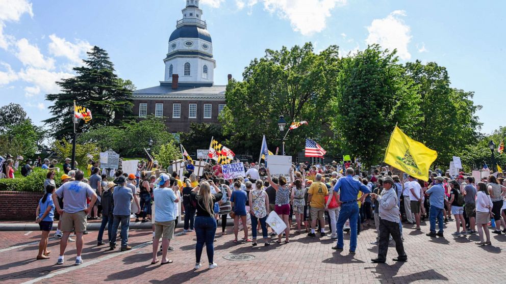 PHOTO: A group called "Reopen Maryland" gather to protest the restrictions imposed by Maryland Governor Larry Hogan to combat the spread of the novel coronavirus.