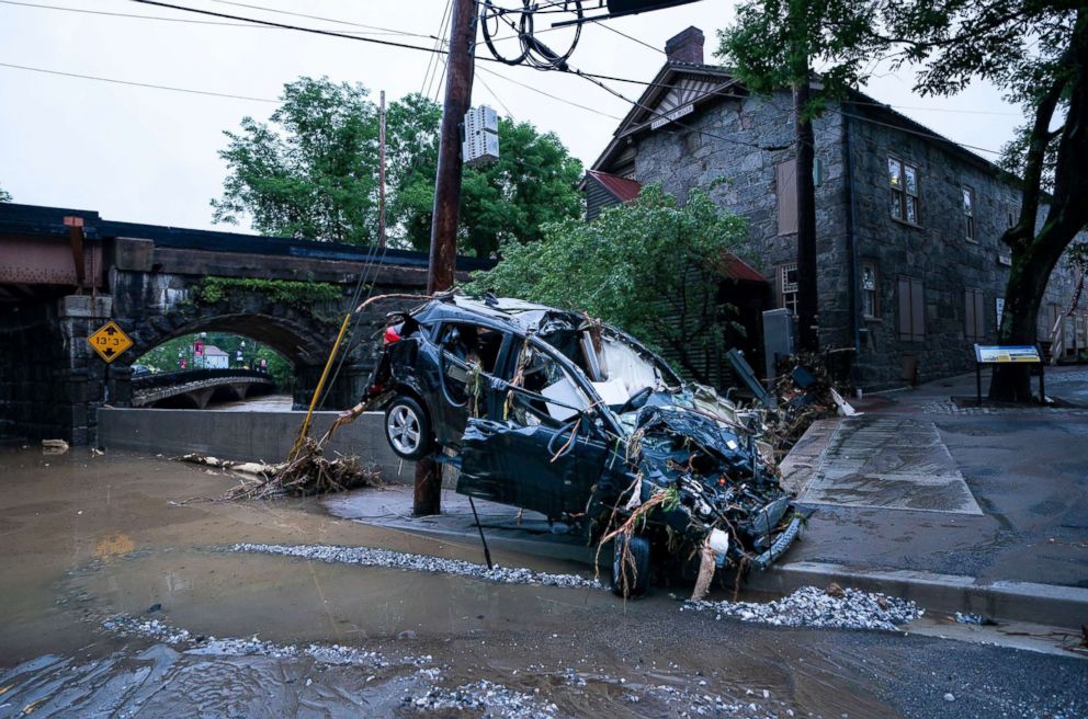 PHOTO: Damage is seen on Main Street after a flash flood rushed through the historic town of Ellicott City, Md., May 27, 2018.