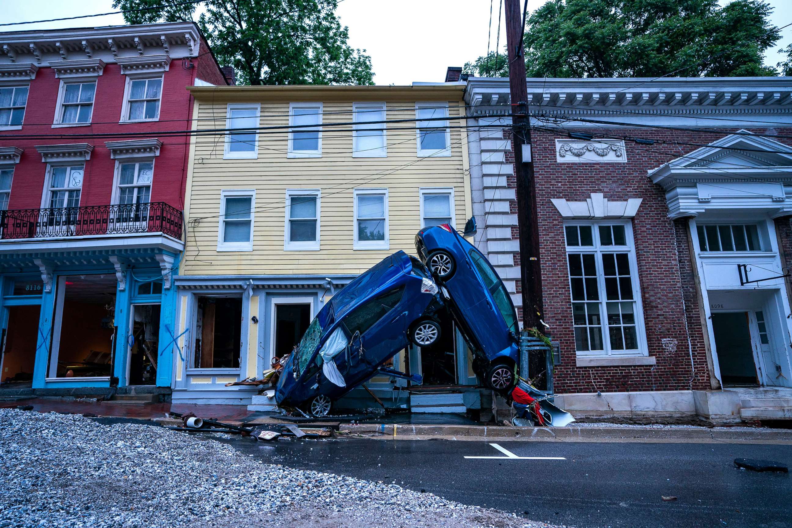 PHOTO: Damage is seen on Main Street after a flash flood rushed through the historic town of Ellicott City, Md., May 27, 2018.