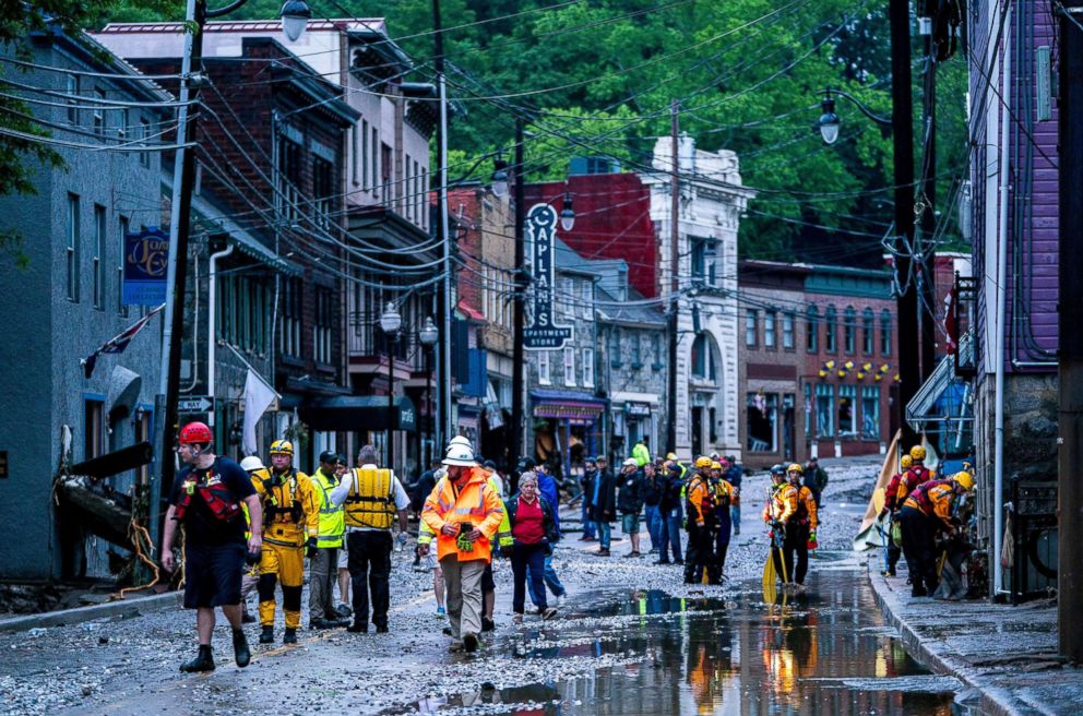 PHOTO: Damage is seen on Main Street after a flash flood rushed through the historic town of Ellicott City, Md., May 27, 2018.