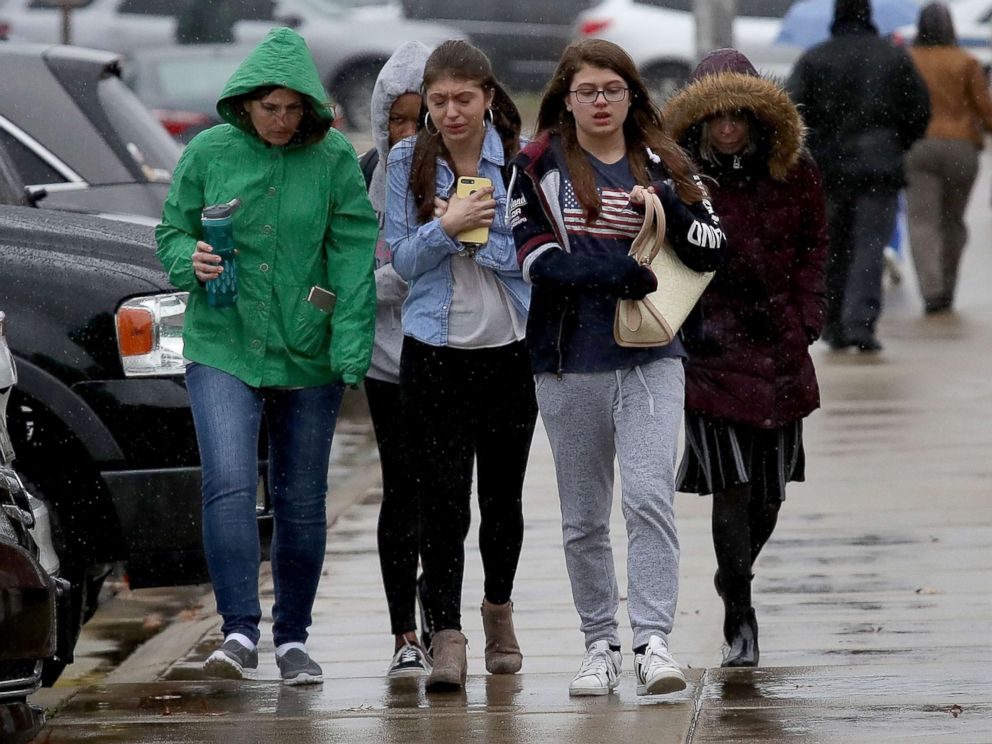 PHOTO: Students from Great Mills High School walk to meet their parents at Leonardtown High School following a school shooting, March 20, 2018 in Leonardtown, Md.