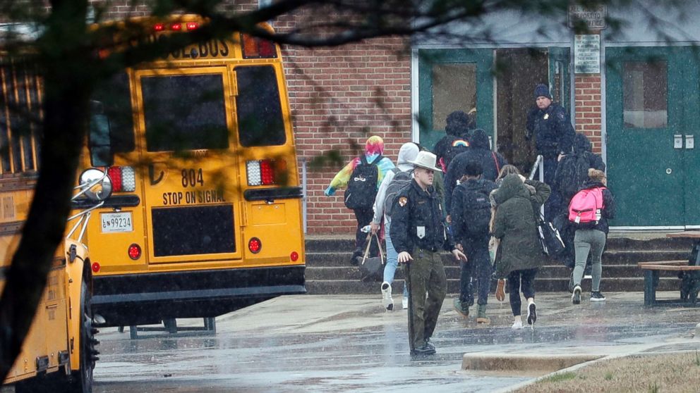 PHOTO: Police move students into a different area of Great Mills High School, the scene of a shooting, March 20, 2018 in Great Mills, Md. 