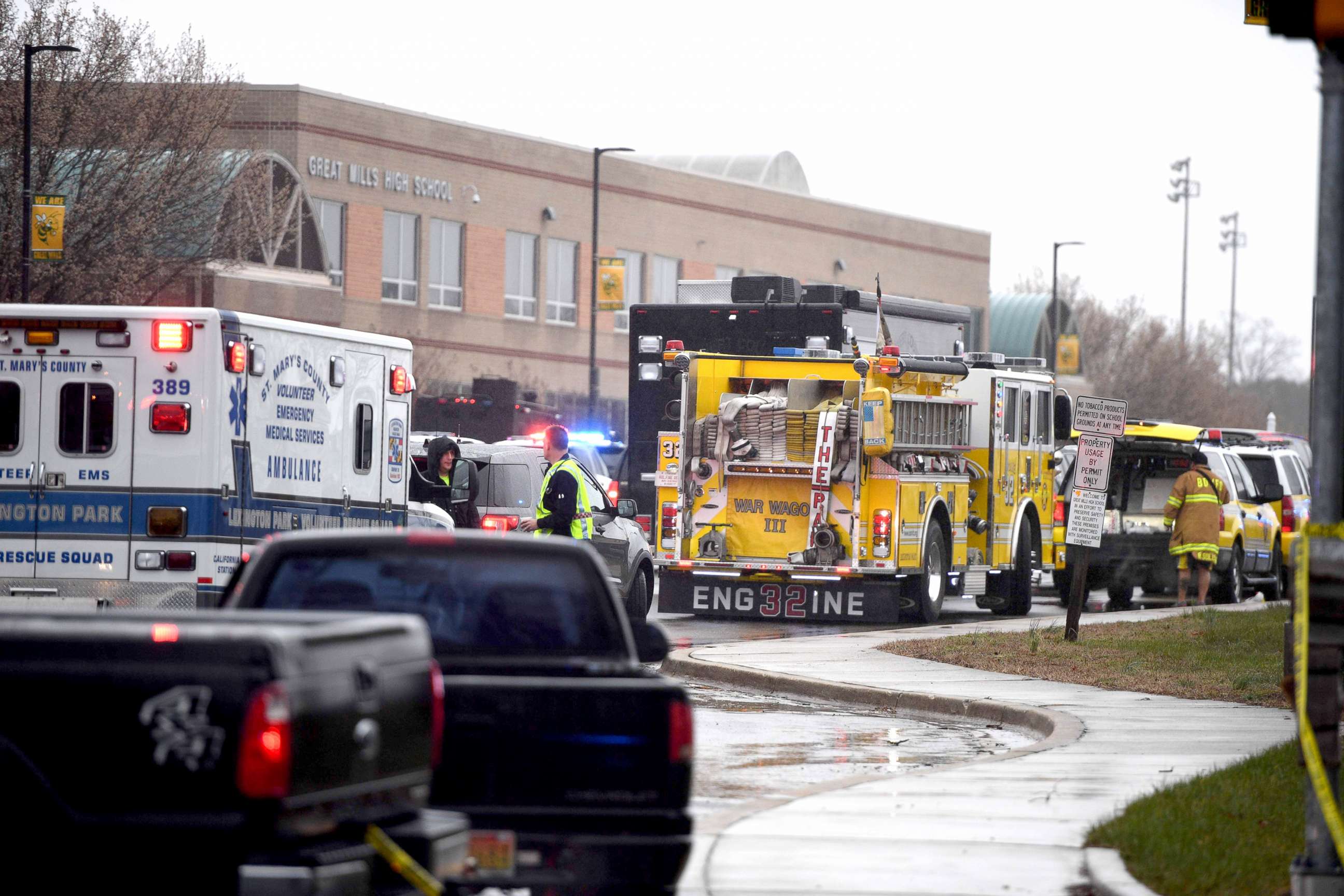 PHOTO: Emergency crews are seen on March 20, 2018 at Great Mills High School in Lexington Park, Maryland after a shooting at the school.