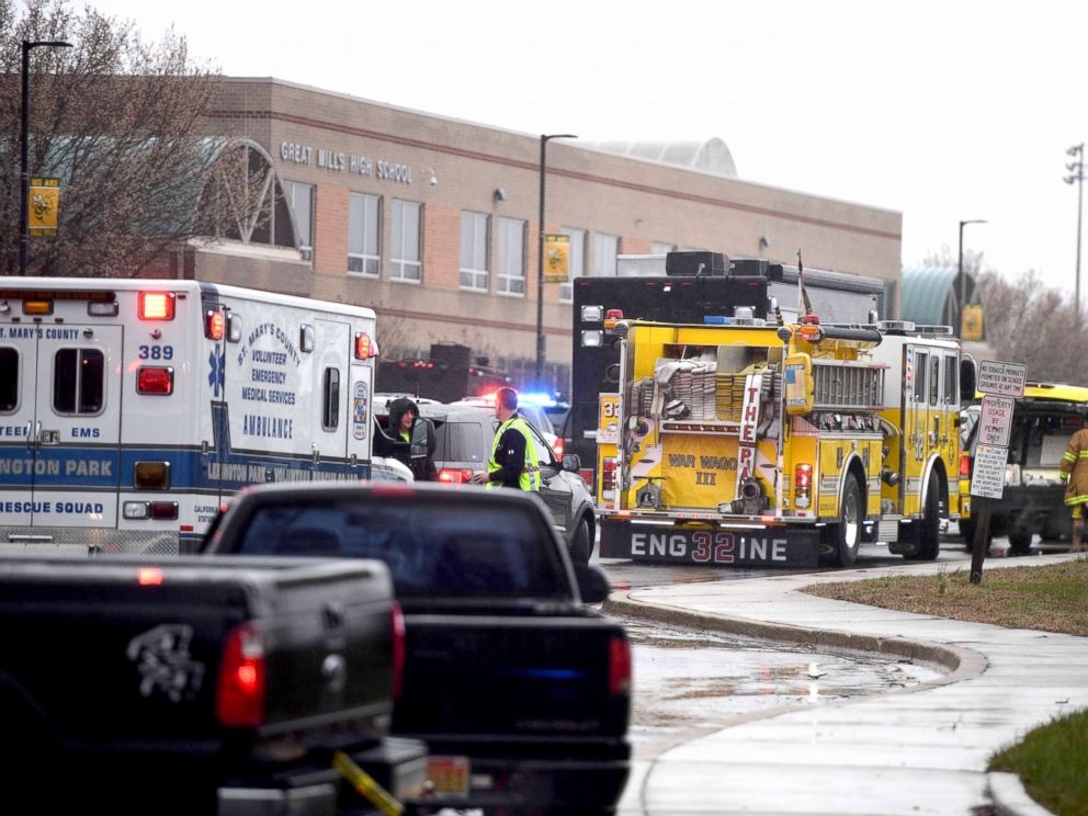 PHOTO: Emergency crews are seen on March 20, 2018 at Great Mills High School in Lexington Park, Maryland after a shooting at the school.