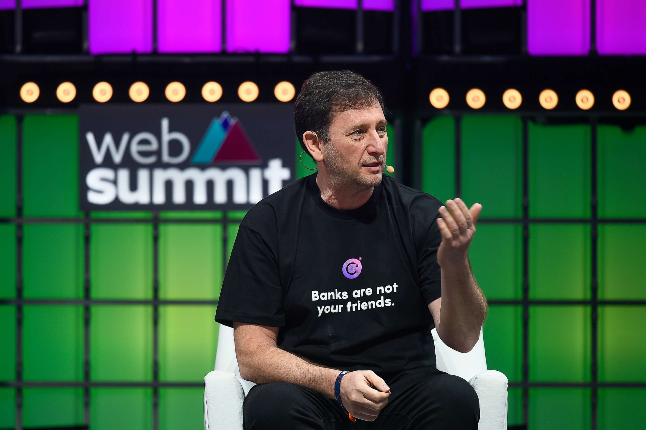 PHOTO: Alex Mashinsky, Founder and CEO at Celsius, speaks at the Web Summit 2021 in Lisbon, Portugal.