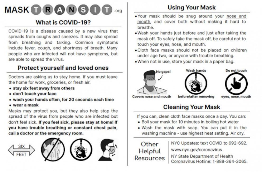 PHOTO: Mask Transit includes educational information with every face covering.