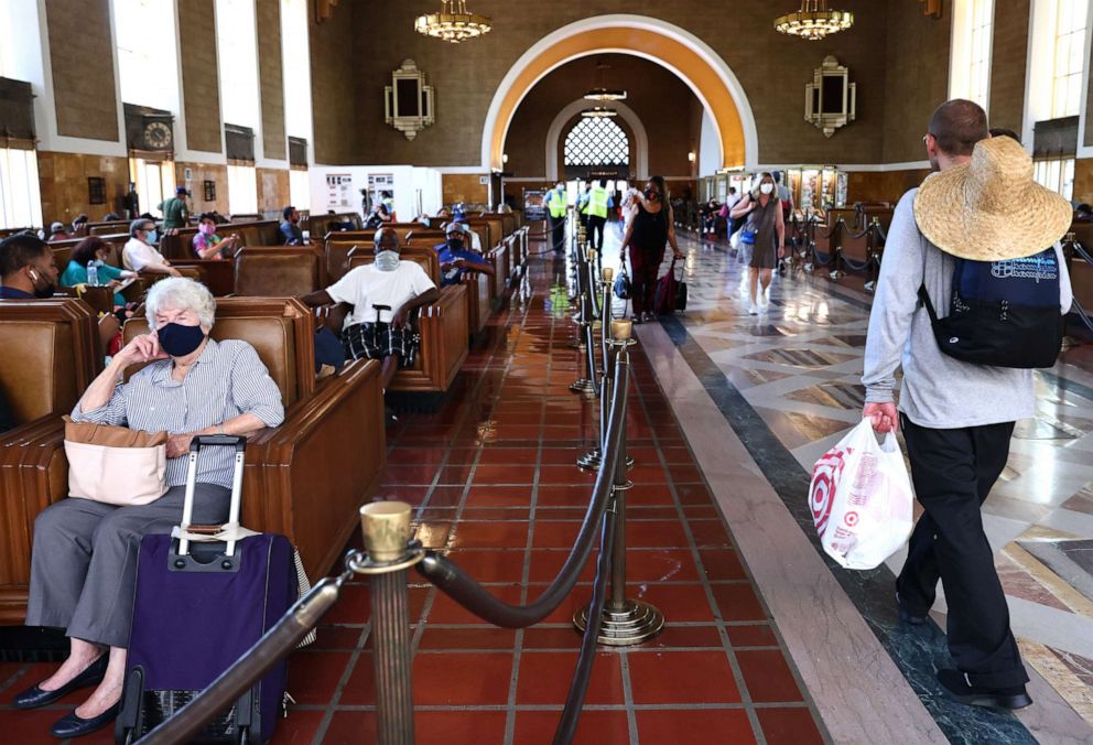 PHOTO: People wear face coverings as they gather in Union Station on July 19, 2021,  in Los Angeles.