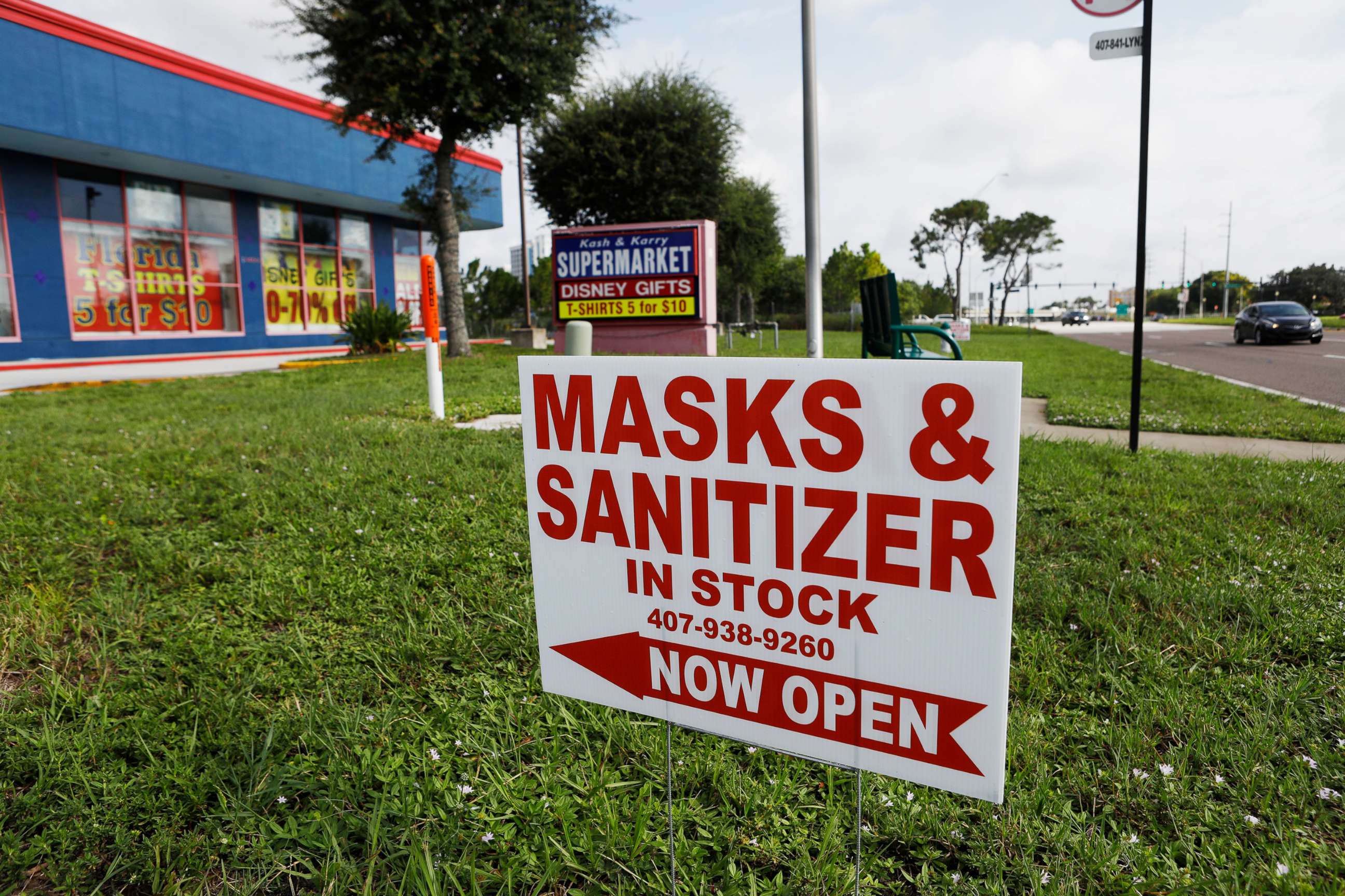 PHOTO: The Kash & Karry Supermarket gift shop located near the Walt Disney World theme park is selling masks and hand sanitizers for customers on July 11, 2020, in Lake Buena Vista, Fla. 