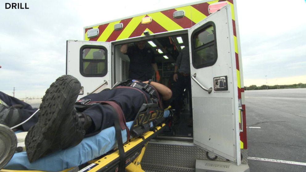 PHOTO: In one of Texas' largest mass casualty drills, first responders transport pretend-victims to play out a worst-case scenario.