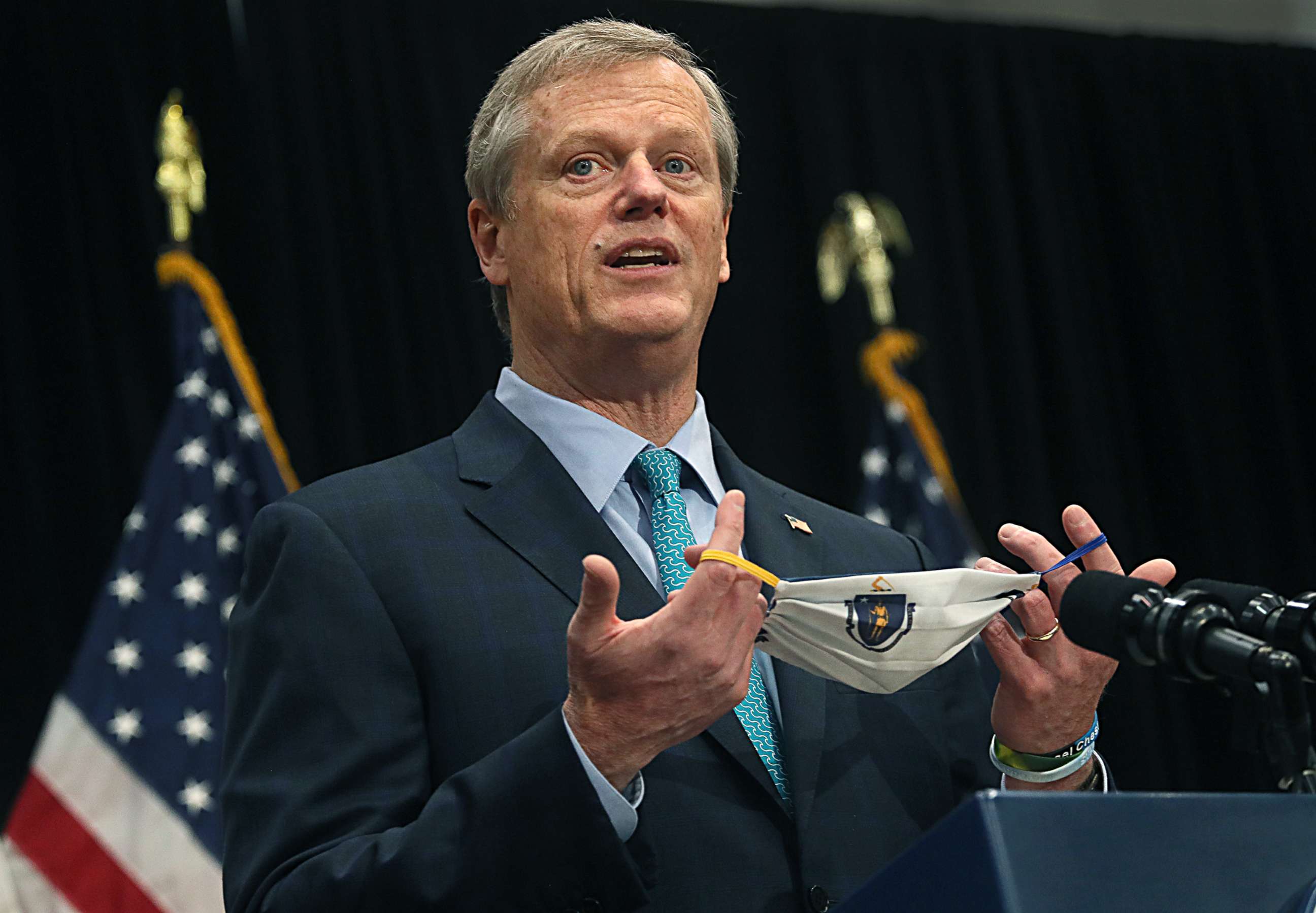 PHOTO: Massachusetts Governor Charlie Baker briefs the media on the COVID-19 pandemic at the Massachusetts State House in Boston, Oct. 27, 2020. 