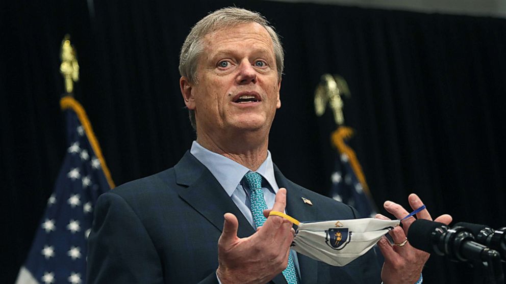 PHOTO: Massachusetts Governor Charlie Baker briefs the media on the COVID-19 pandemic at the Massachusetts State House in Boston, Oct. 27, 2020. 