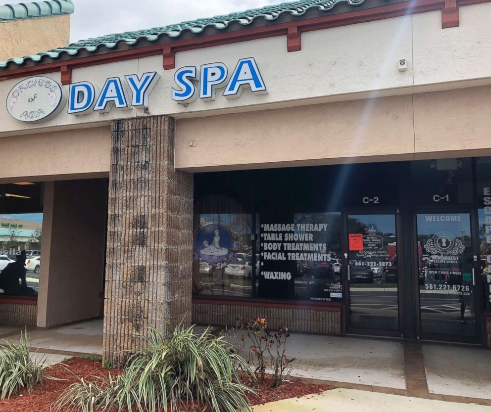 PHOTO: Front door of the Orchids of Asia Day Spa after New England Patriots owner Robert Kraft is charged with allegedly soliciting for sex, Feb. 22, 2019, in Jupiter, Fla.