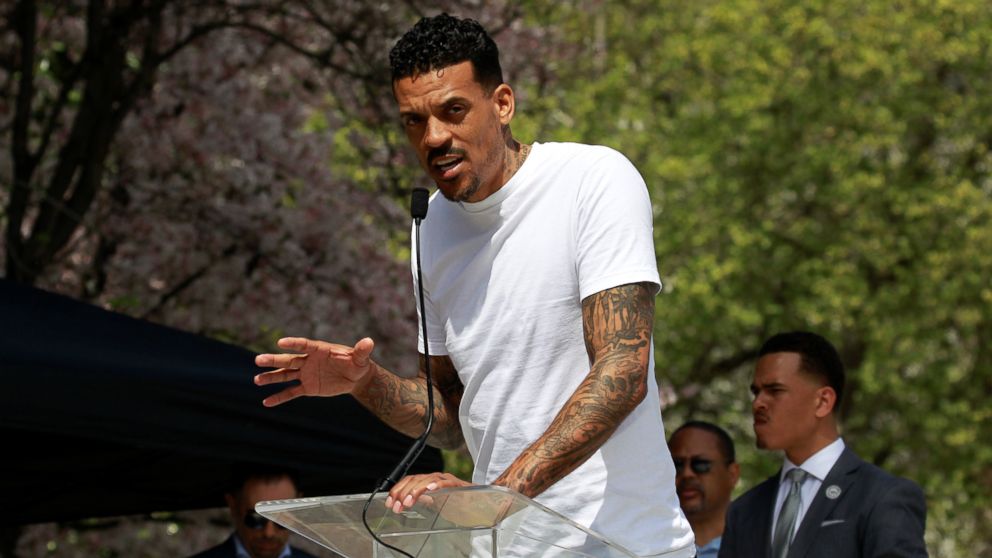 Matt Barnes, former player with the Sacramento Kings NBA team, speaks at a rally to protest the police shooting of Stephon Clark, in Sacramento, Calif., March 31, 2018.