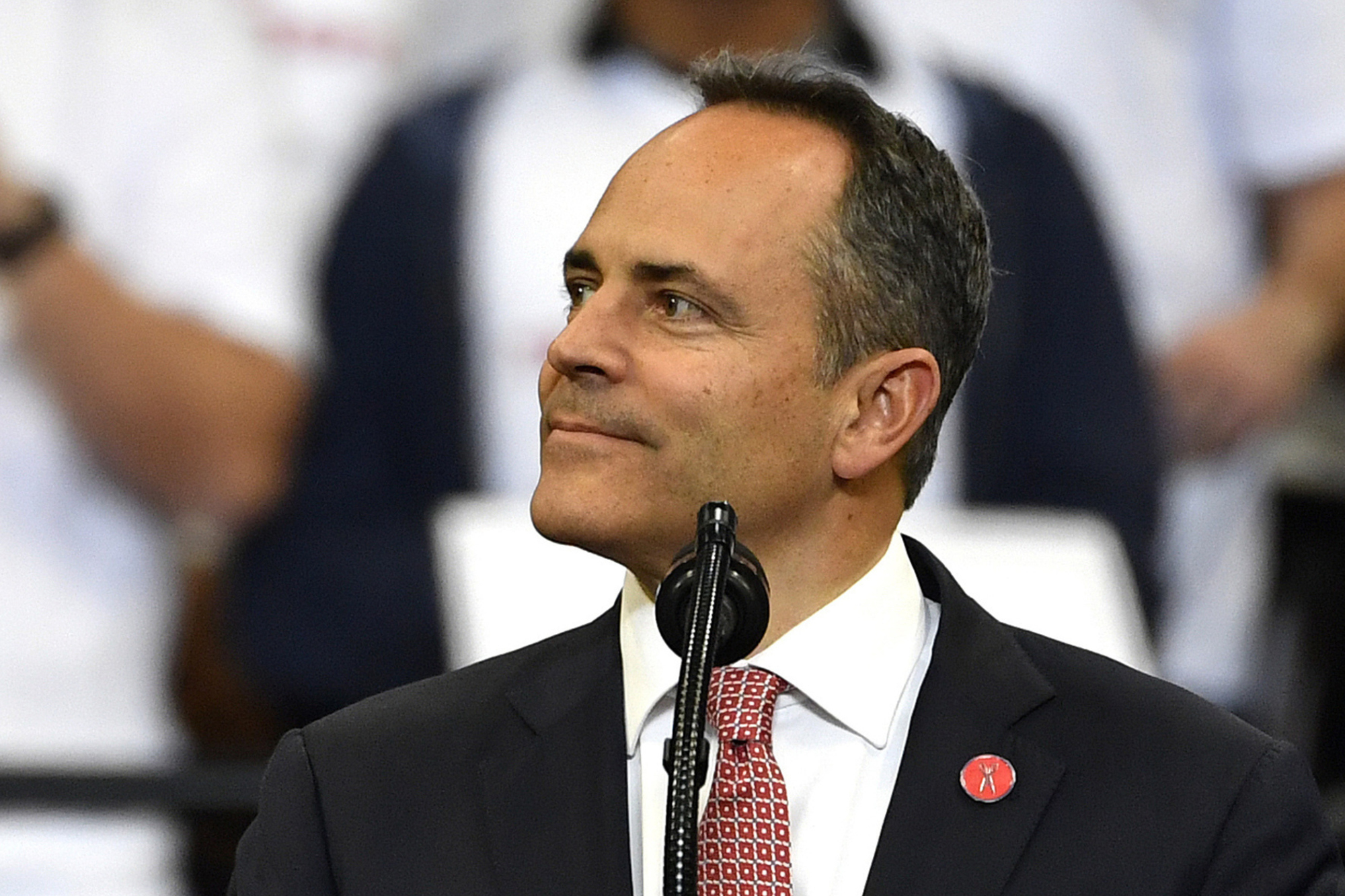 PHOTO: Kentucky Gov. Matt Bevin looks out at the crowd during a campaign rally with President Donald Trump in Lexington, Ky., Nov. 4, 2019.
