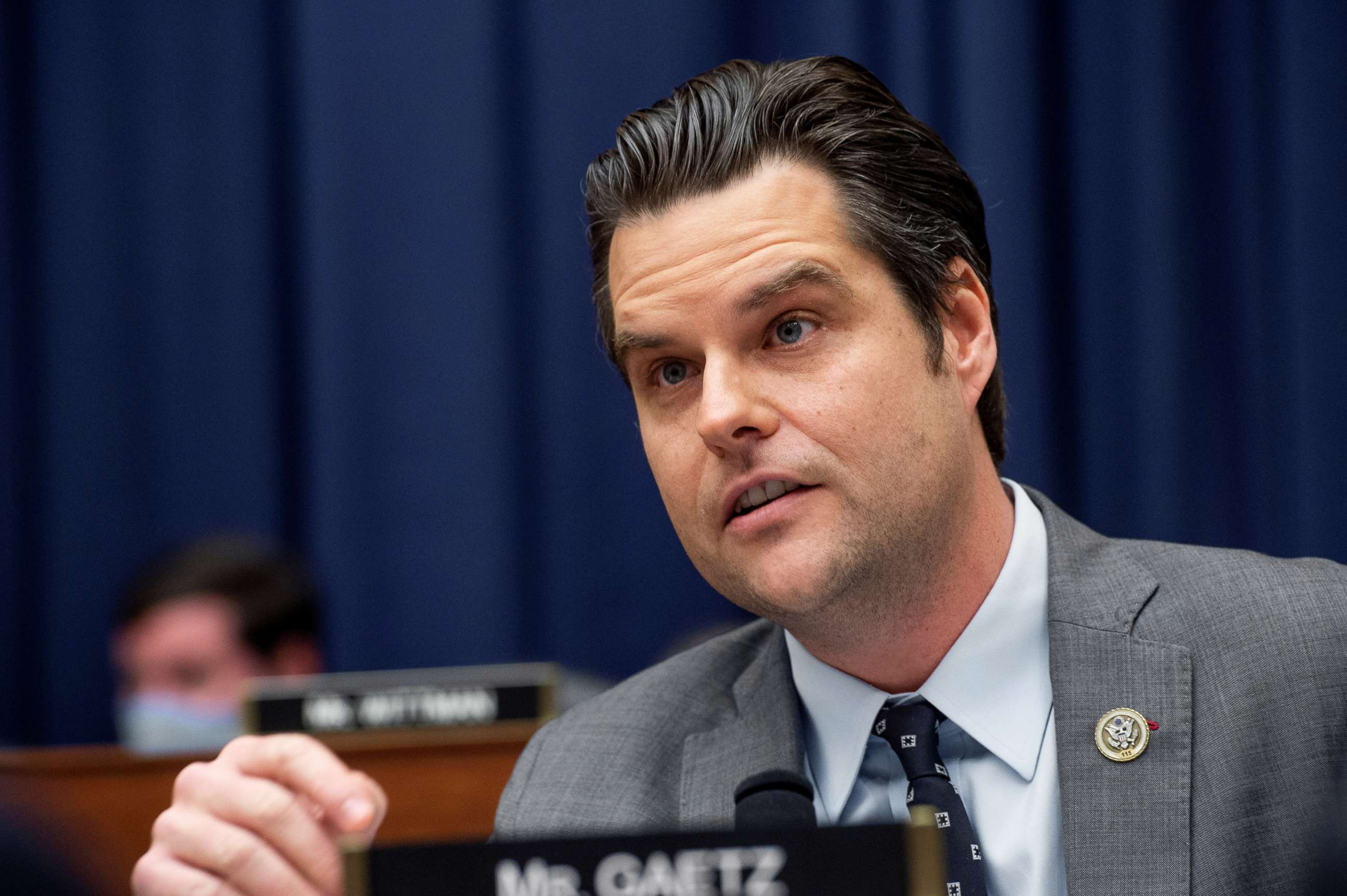 PHOTO: Rep. Matt Gaetz questions General Mark A. Milley, chairman of the Joint Chiefs of Staff and Secretary of Defense Lloyd Austin during a House Armed Services Committee hearing in the Rayburn House Office Building in Washington, D.C., Sept. 29, 2021.