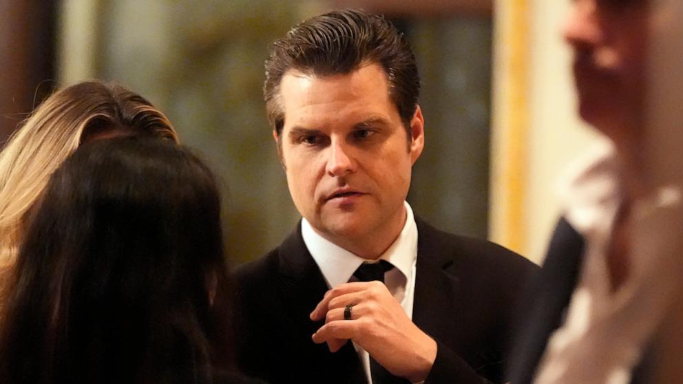 PHOTO: Matt Gaetz arrives before President-elect Donald Trump speaks during an America First Policy Institute gala at his Mar-a-Lago estate, Nov. 14, 2024, in Palm Beach, Fla.