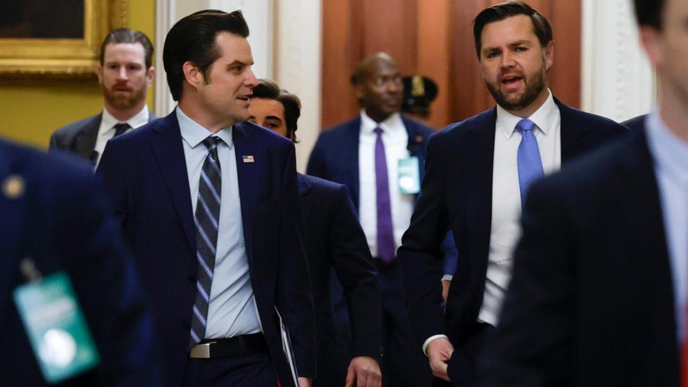 PHOTO: Former Rep. Matt Gaetz, the President-elect Donald Trump's nominee to be Attorney General walks alongside Vice President-elect JD Vance as they arrive for meetings with Senators at the U.S. Capitol, Nov. 20, 2024, in Washington.