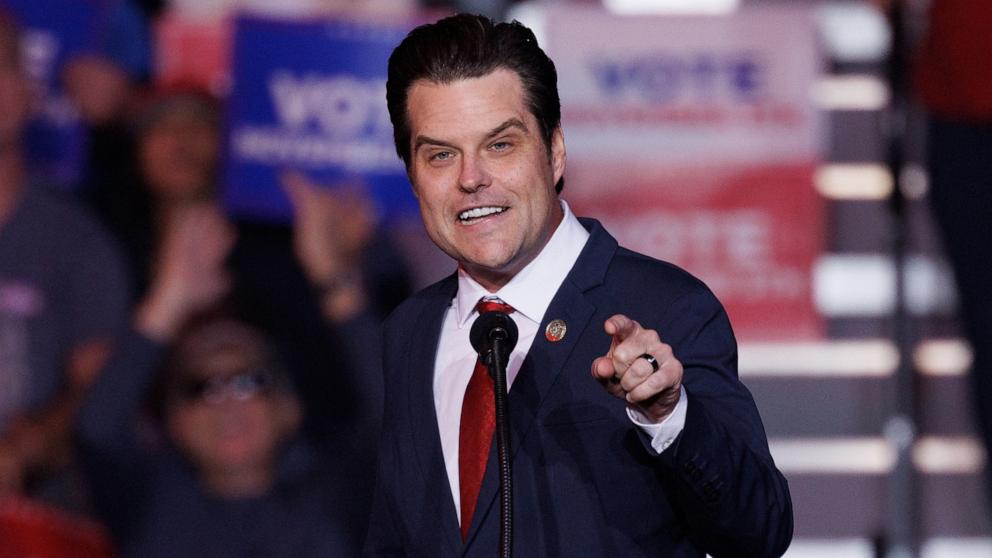 PHOTO: Rep. Matt Gaetz speaks at a campaign rally for Republican presidential nominee and former U.S. President Donald Trump in Henderson, Nevada, Oct. 31, 2024.  
