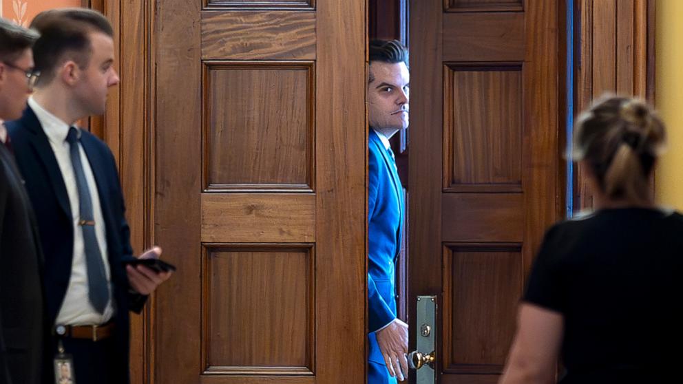 PHOTO: President-elect Donald Trump's nominee to be attorney general, former Rep. Matt Gaetz closes a door to a private meeting with Vice President-elect JD Vance and Republican Senate Judiciary Committee members in Washington, Nov. 20, 2024. 