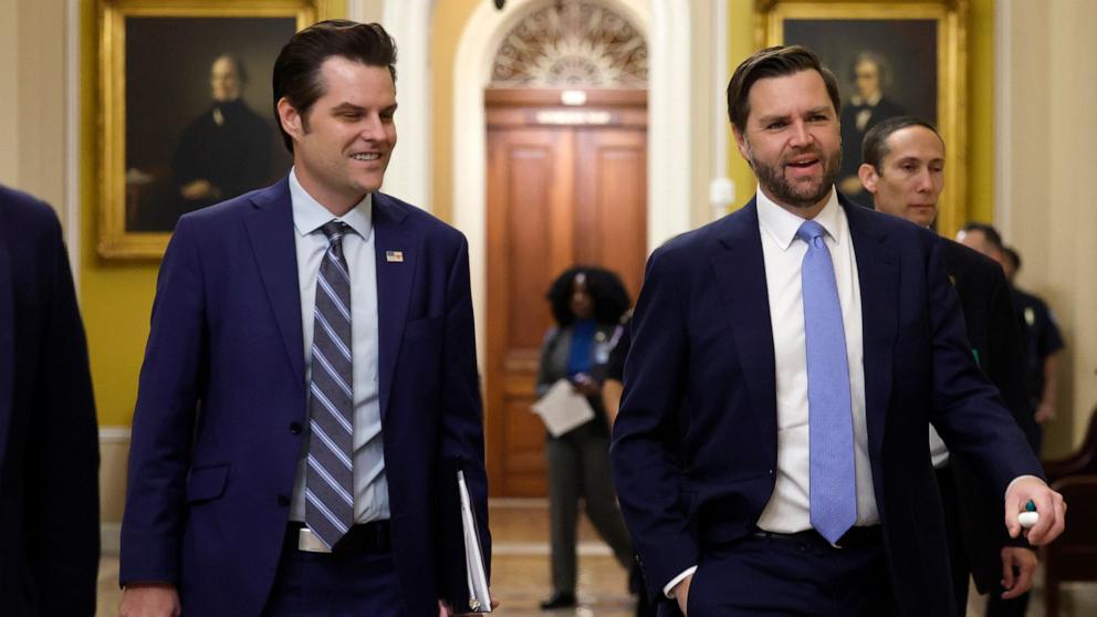 PHOTO: Former Rep. Matt Gaetz, the President-elect Donald Trump's nominee to be Attorney General walks alongside Vice President-elect JD Vance as they arrive for meetings with Senators at the U.S. Capitol, Nov. 20, 2024, in Washington.