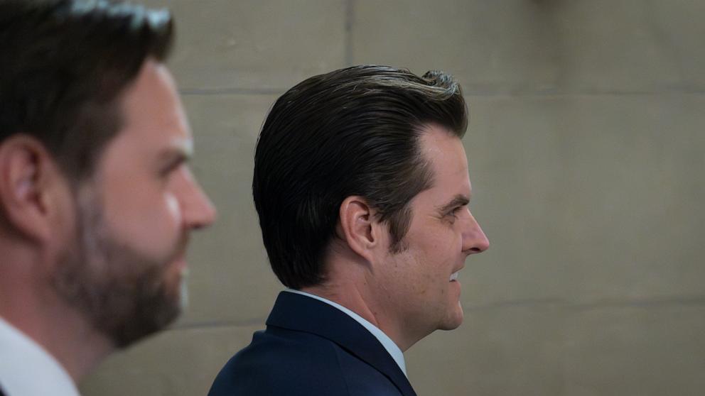 PHOTO: President-elect Donald Trump's nominee to be attorney general, former Rep. Matt Gaetz and Vice President-elect JD Vance walk out of a meeting with Republican Senate Judiciary Committee members, at the Capitol in Washington, Nov. 20, 2024. 