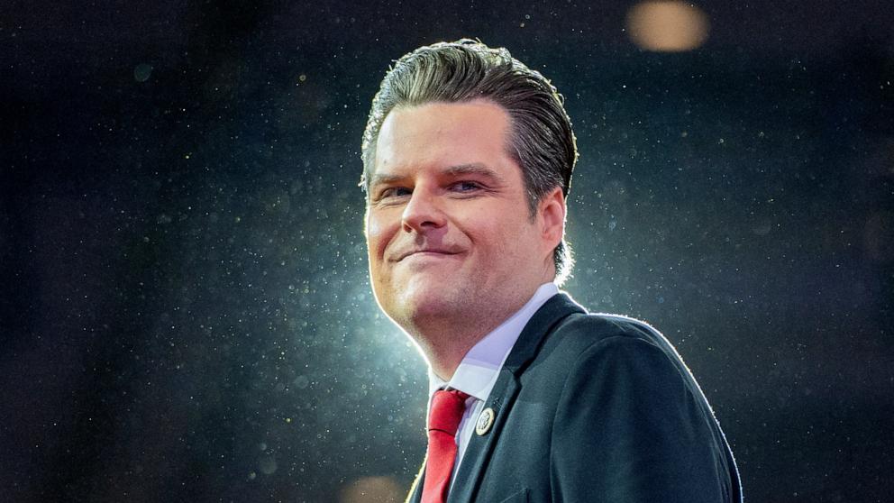 PHOTO: Rep. Matt Gaetz departs after speaking during the Conservative Political Action Conference, CPAC 2024, at the National Harbor, in Oxon Hill, Md., Feb. 23, 2024. 