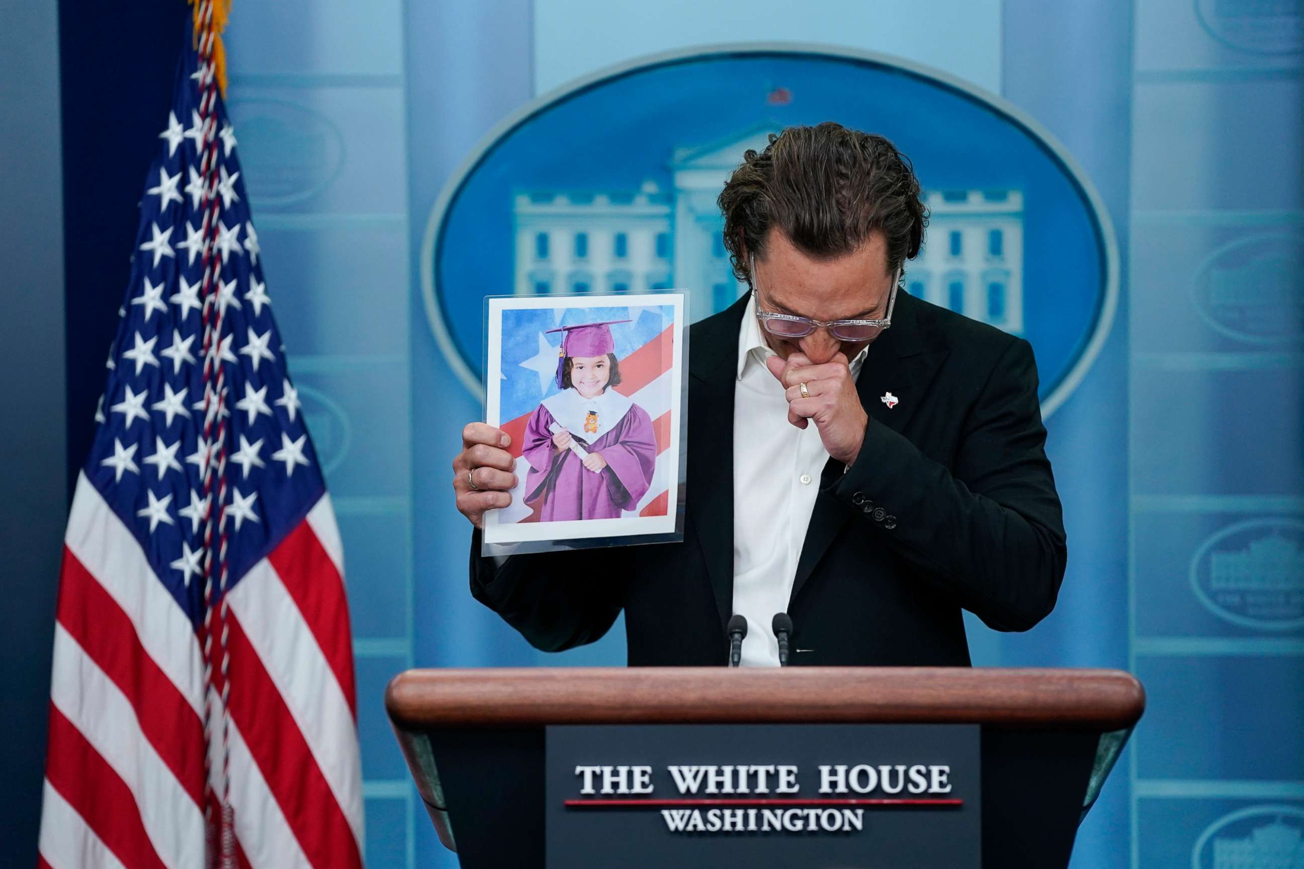 PHOTO: Actor Matthew McConaughey holds an image of Alithia Ramirez, 10, who was killed in the mass shooting at an elementary school in Uvalde, Texas, as he speaks during a press briefing at the White House, June 7, 2022.