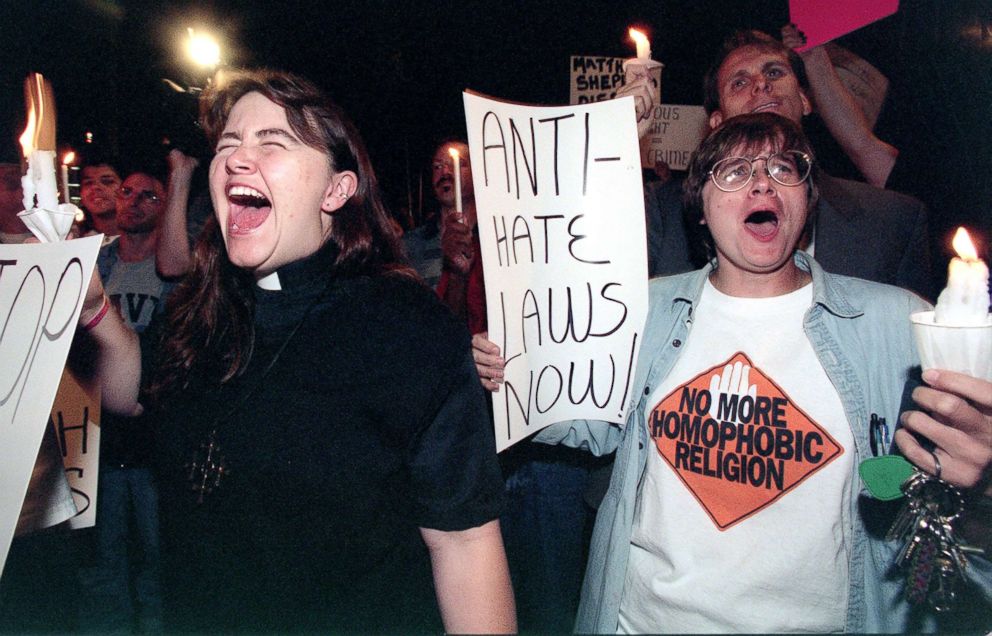 PHOTO: Two gay activists demonstrate in the streets of North Hollywood to protest against the death of Wyoming University student Mathew Shepard, Oct. 13, 1998.