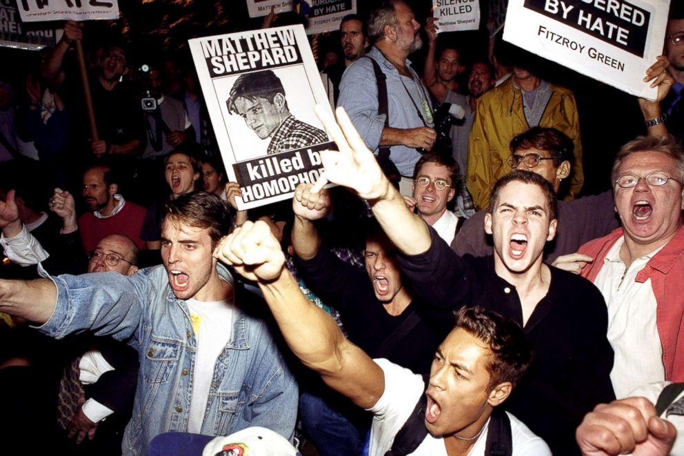 PHOTO: Demonstrators protest the hate killing of gay student Matthew Shepard, Oct. 19, 1998.