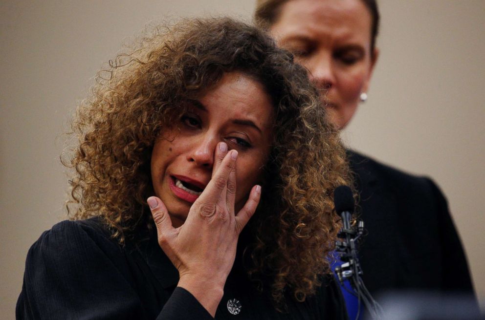 PHOTO: Victim Mattie Larson speaks at the sentencing hearing for Larry Nassar, a former team USA Gymnastics doctor who pleaded guilty in November 2017 to sexual assault charges, in Lansing, Mich., Jan. 23, 2018.