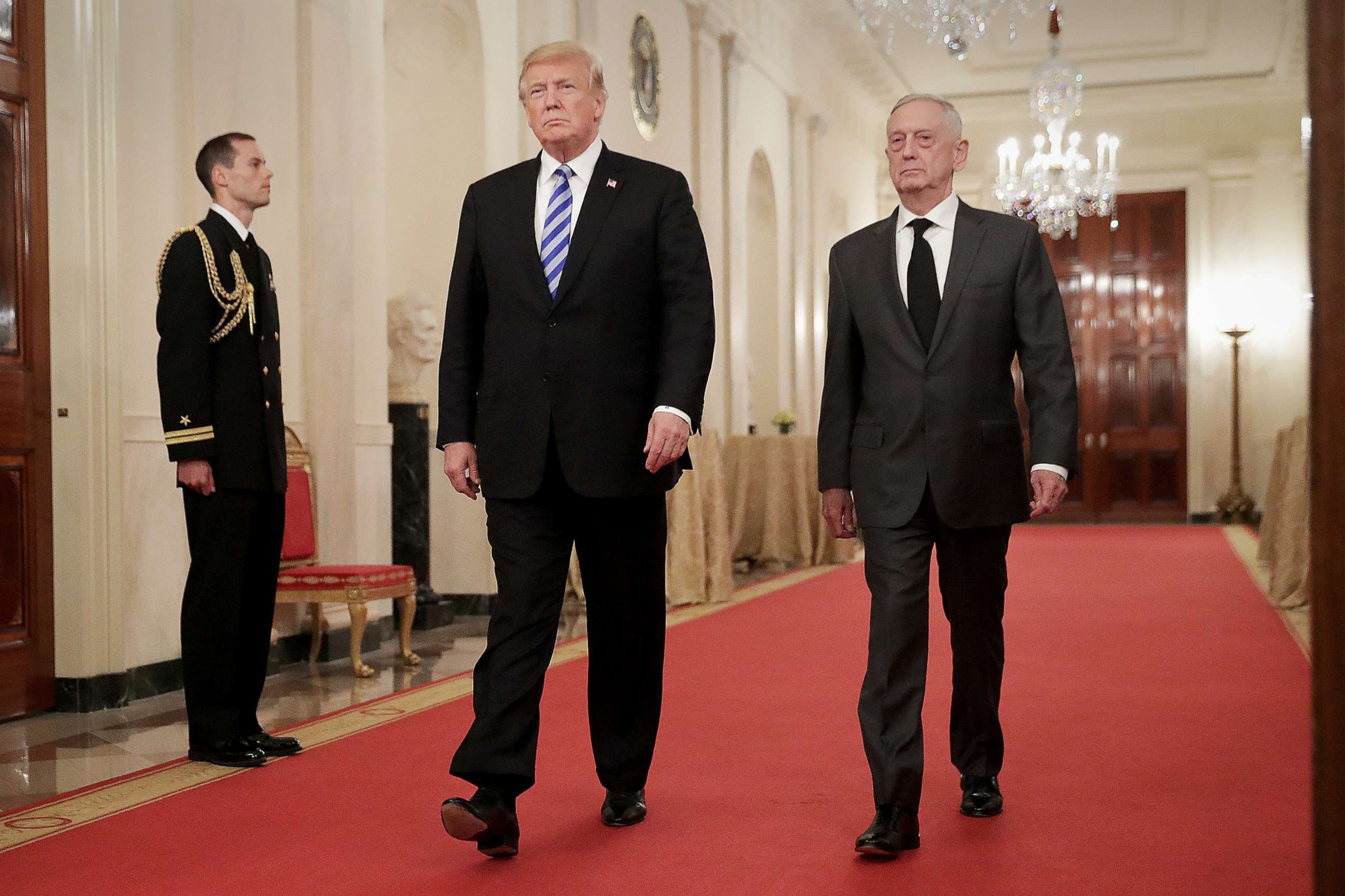 PHOTO: President Donald Trump and Defense Secretary James Mattis arrive for an event in the East Room of the White House, Oct. 25, 2018.