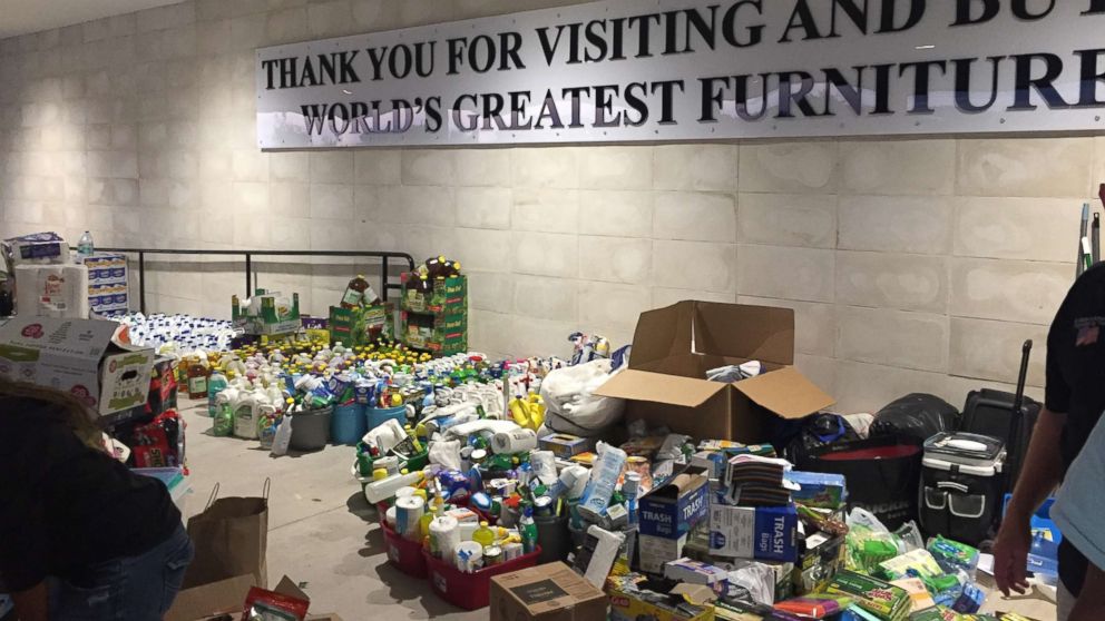 PHOTO: Supplies for evacuees inside the Mattress Mack stores in Houston.