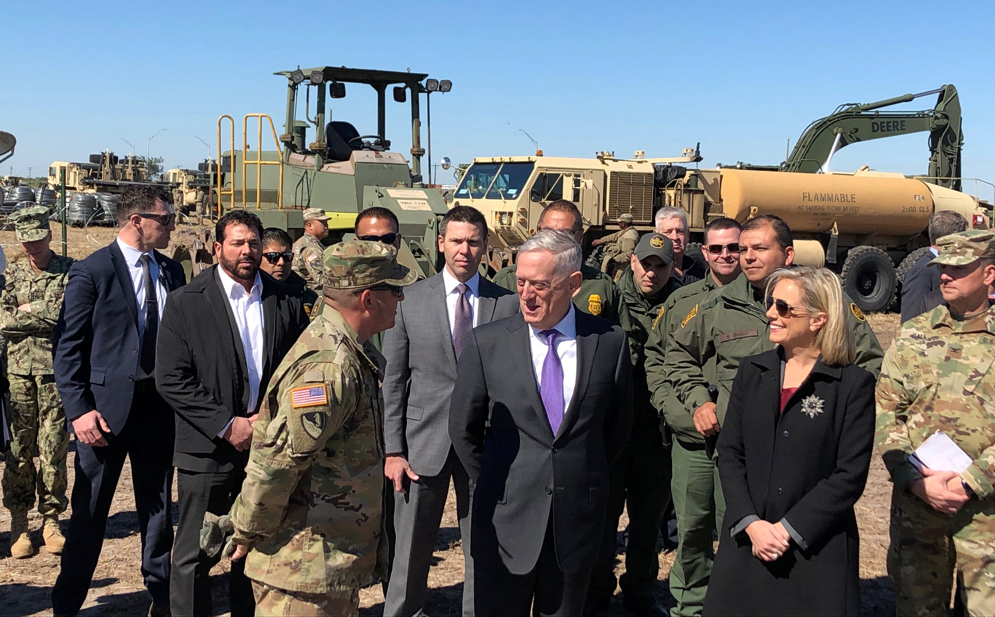 PHOTO: Defense Secretary Jim Mattis and Secretary of Homeland Security Kirstjen Nielsen tour Base Camp Donna in Donna, Texas, Nov. 14, 2018. 