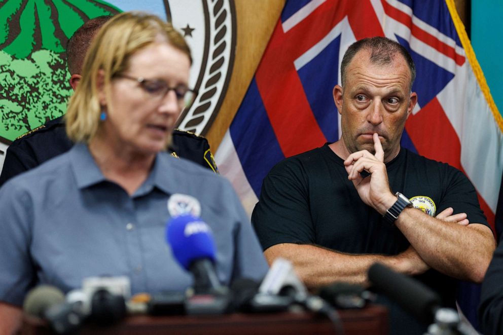 PHOTO: Hawaii's Governor Josh Green listens to Deanne Criswell, Administrator of the Federal Emergency Management Agency (FEMA) as she speaks about the Maui fire during a media conference in Kahului on Maui island, Hawaii, U.S., August 12, 2023.