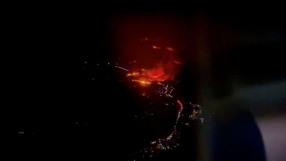 PHOTO: An aerial view shows a wildfire in Maui County, Hawaii, August 8, 2023 in this screen grab obtained from a social media video.