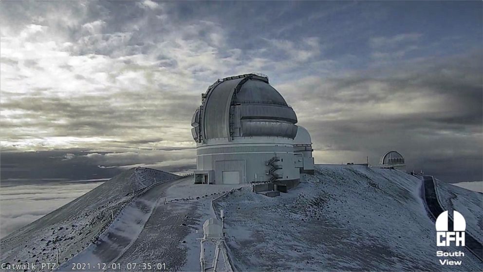 PHOTO: A still image from a time-lapse video shows snow at the Mauna Kea summit in Hawaii, Dec. 1, 2021.
