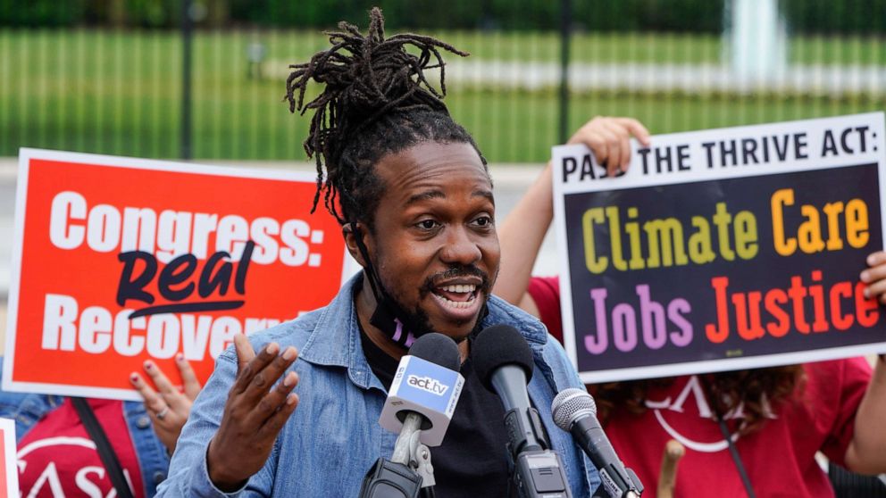 PHOTO: In this May 24, 2021, file photo, activist Maurice Mitchell speaks to those attending a demonstration by various activists in Washington, D.C.