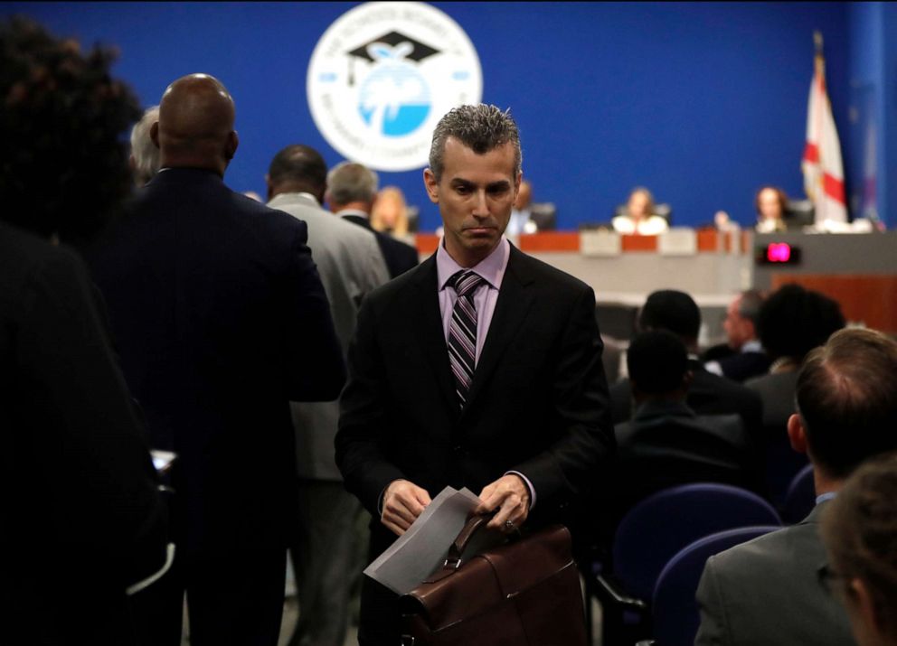 PHOTO: Max Schachter walks from the podium after speaking during a meeting of the Broward County School Board, March 5, 2019, in Fort Lauderdale, Fla.