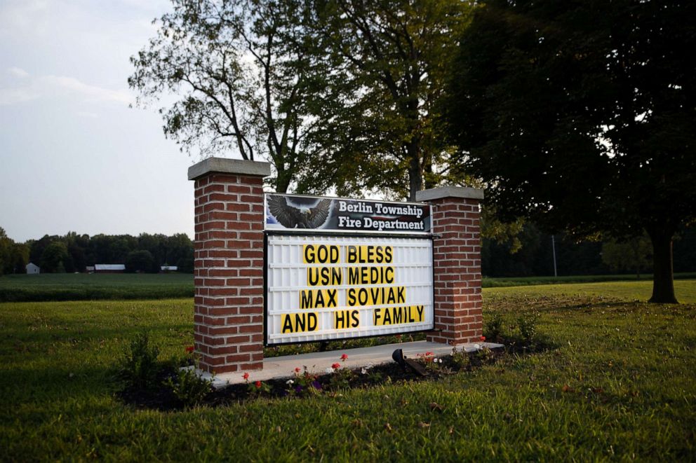 PHOTO: A sign in honor of Max Soviak, one of 13 U.S. service members killed in the airport suicide bombing in Afghanistan's capital Kabul, is seen in Berlin Heights, Ohio, Aug. 27, 2021.